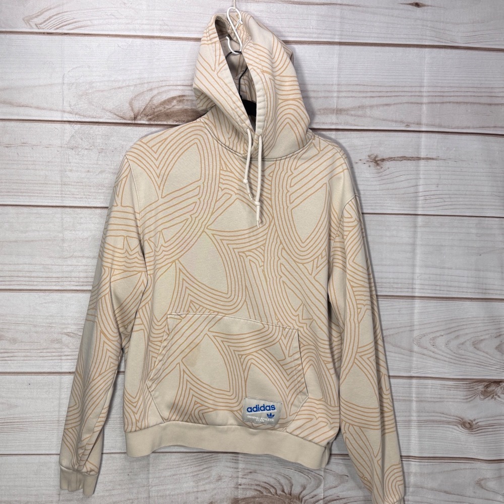 Adidas Originals Athletic Club Hoodie Cream Tan Abstract Trefoil Pattern XL